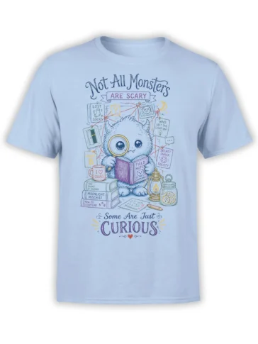 Curious furry monster detective graphic with clues, books, and lantern on a light blue T-shirt