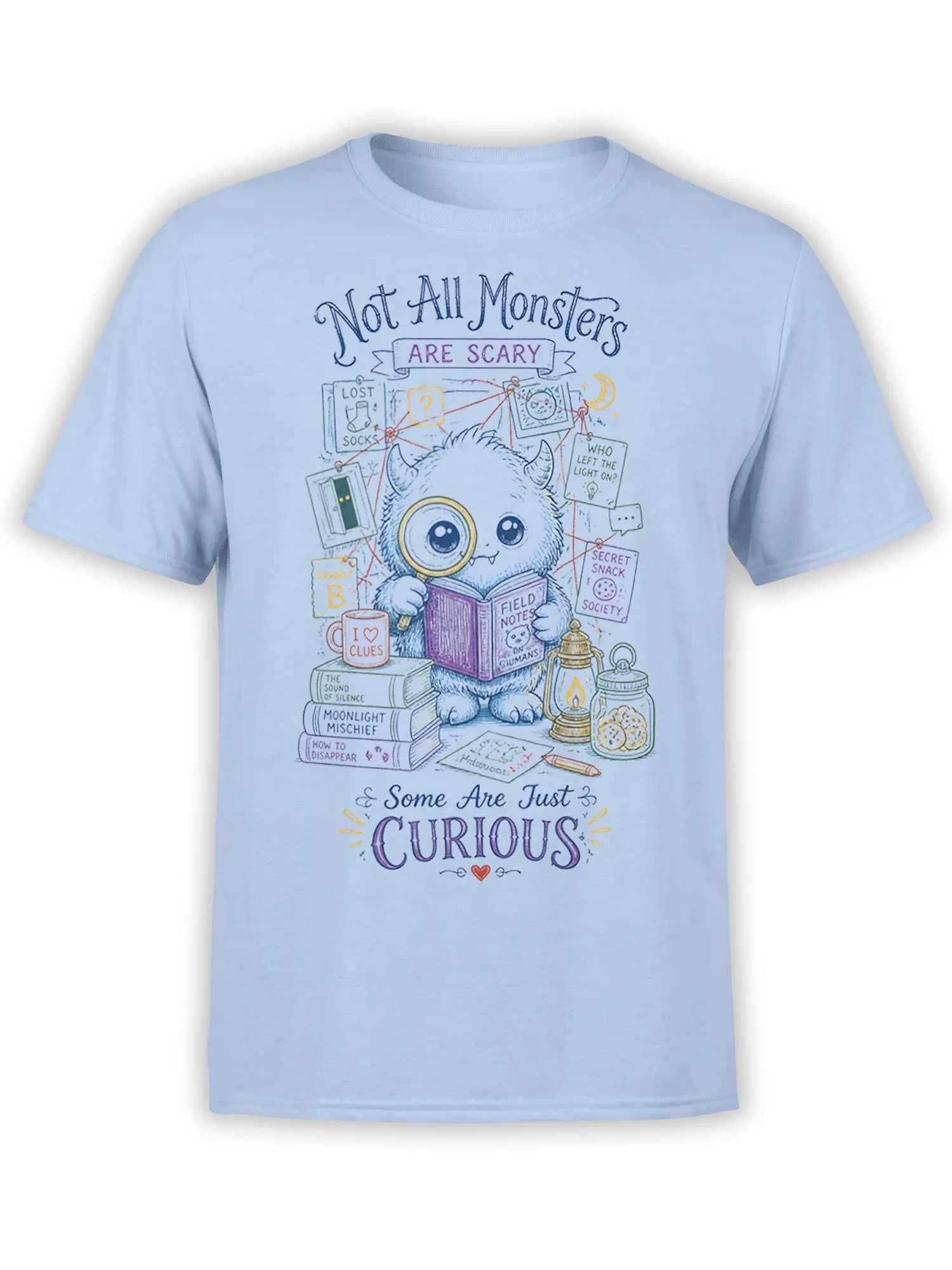 Curious furry monster detective graphic with clues, books, and lantern on a light blue T-shirt