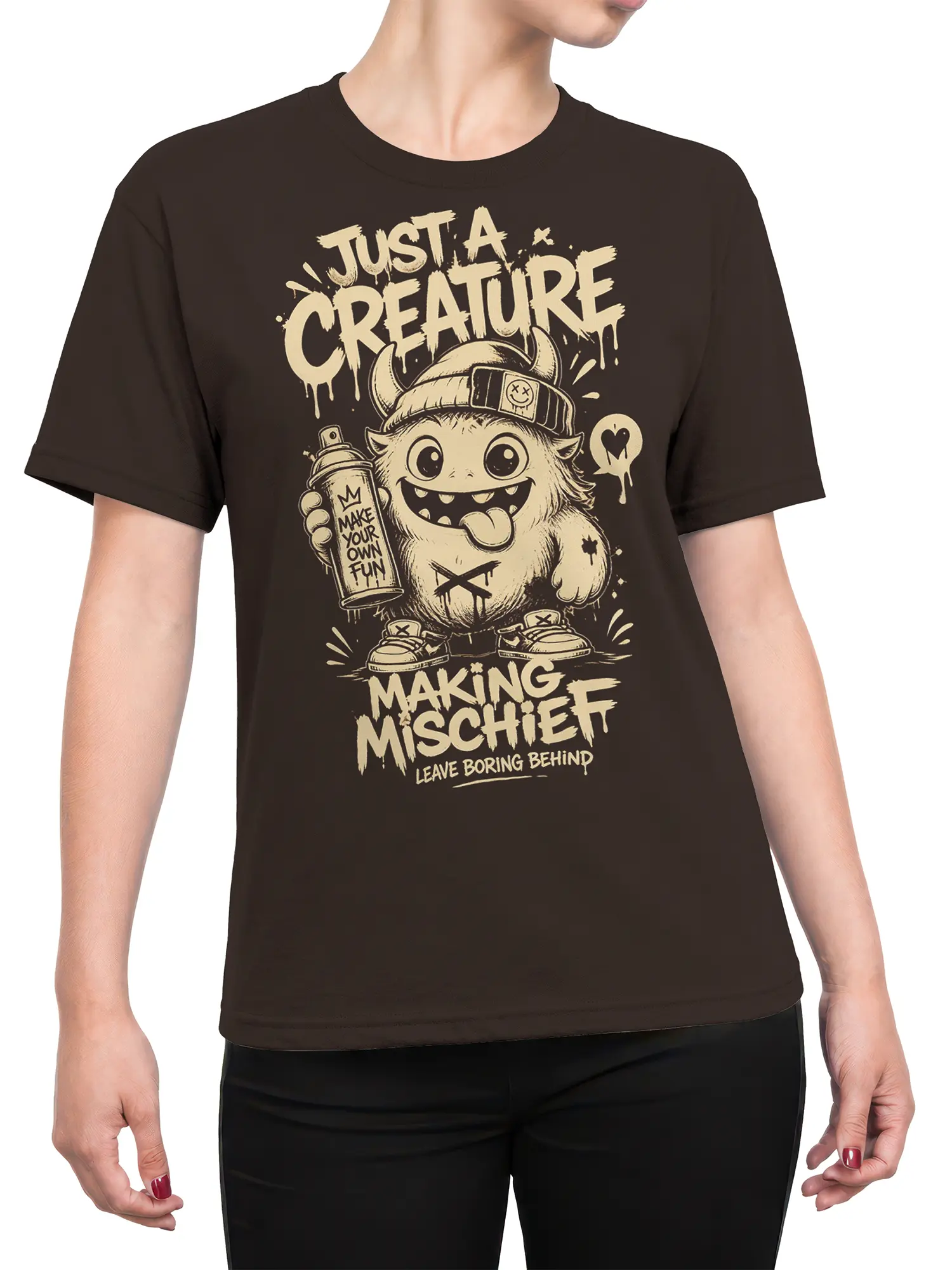 Female torso wearing brown T-shirt with playful horned creature and mischievous graphic