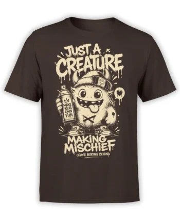 Brown monster T-shirt with a horned creature, spray can, and “Making Mischief” graphic