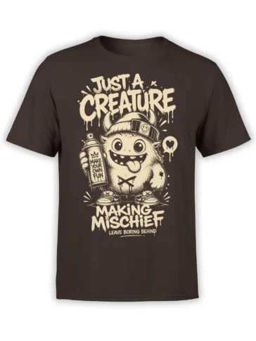 Brown monster T-shirt with a horned creature, spray can, and “Making Mischief” graphic
