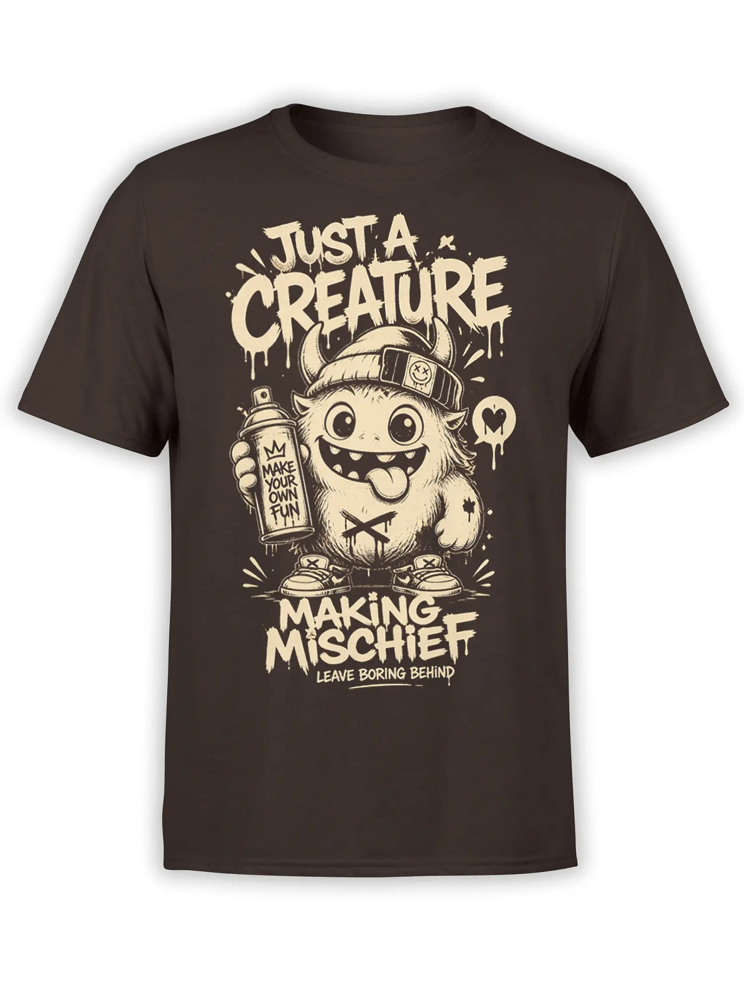 Brown monster T-shirt with a horned creature, spray can, and “Making Mischief” graphic