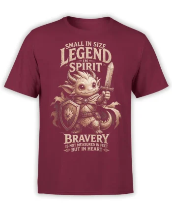 Small dragon knight with sword and shield on a burgundy bravery T-shirt