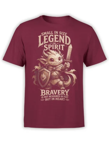 Small dragon knight with sword and shield on a burgundy bravery T-shirt