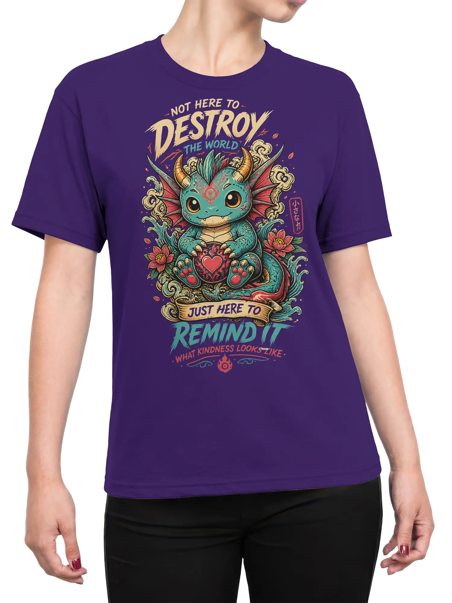 Female torso wearing a purple T-shirt with a teal dragon, heart, lotus flowers, and kindness lettering