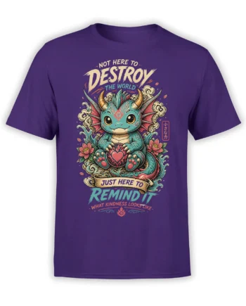 Teal horned dragon holding a heart on a purple T-shirt with a colorful kindness message