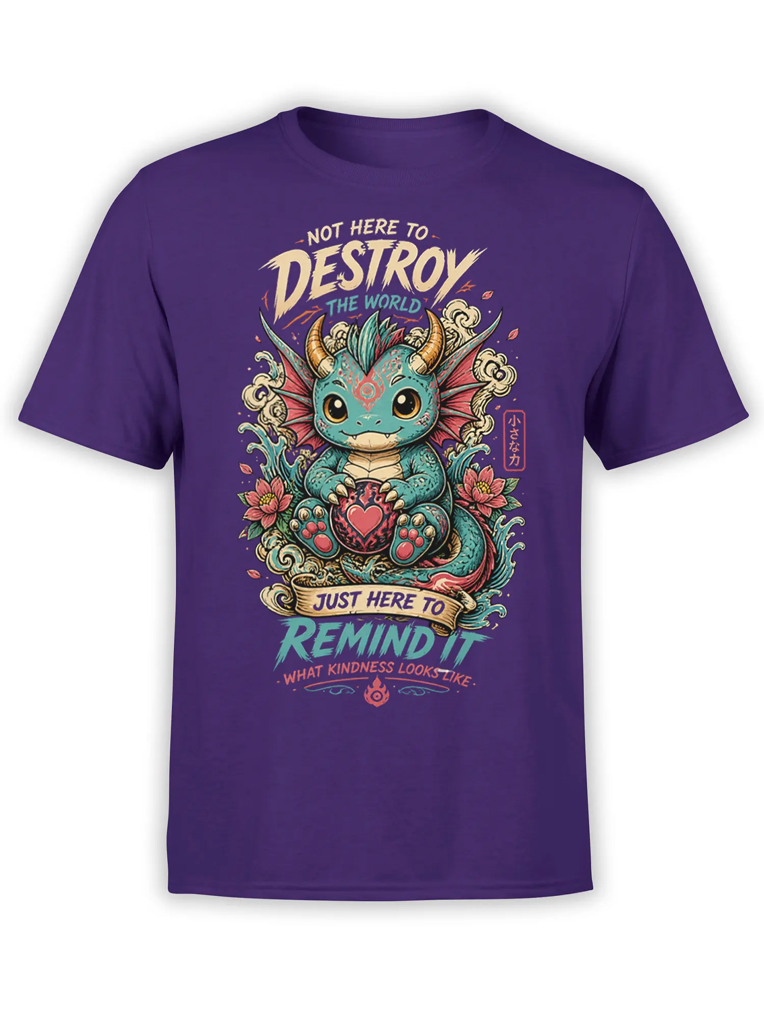 Teal horned dragon holding a heart on a purple T-shirt with a colorful kindness message
