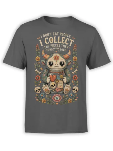 Gray T-shirt with a wide-eyed horned creature, flower frame, bones, skulls, and the phrase about forgotten pieces