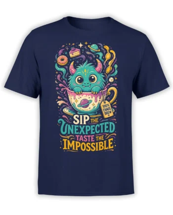 Cosmic turquoise monster in a dessert cup with planets and “Sip the Unexpected” text on a navy T-shirt
