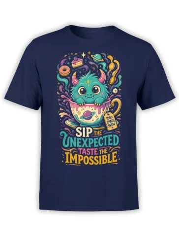 Cosmic turquoise monster in a dessert cup with planets and “Sip the Unexpected” text on a navy T-shirt
