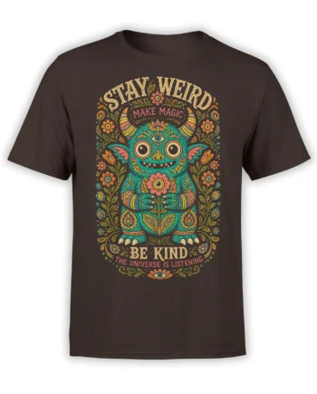 Colorful teal horned monster holding a flower on a brown Stay Weird graphic T-shirt