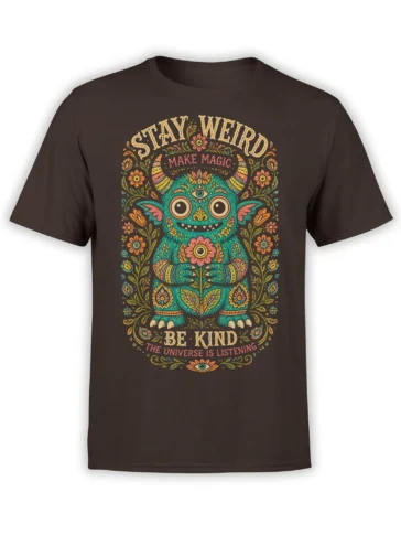 Colorful teal horned monster holding a flower on a brown Stay Weird graphic T-shirt