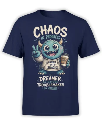 Blue horned monster T-shirt with coffee cup, peace sign, and dreamer troublemaker text on navy fabric