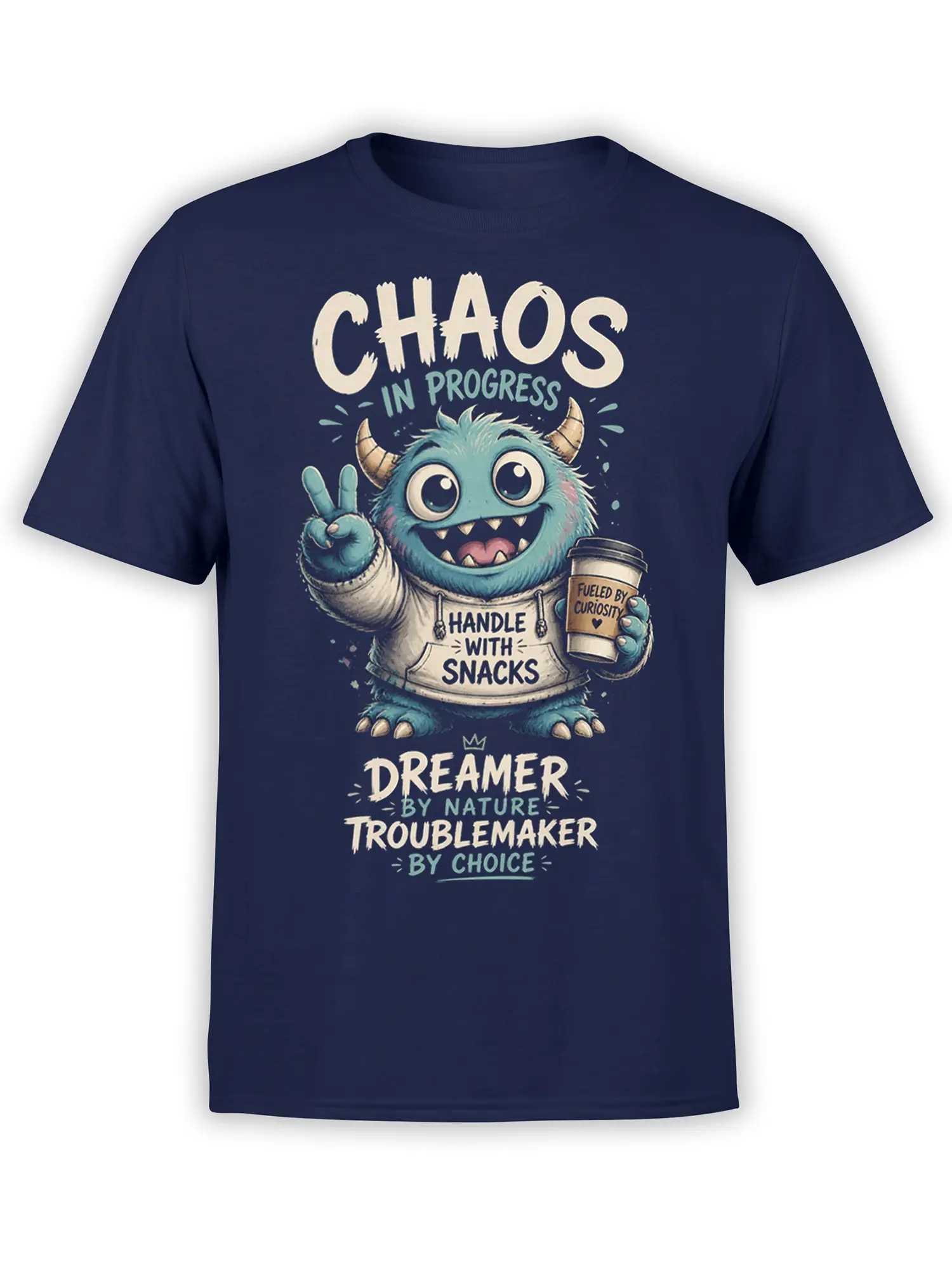 Blue horned monster T-shirt with coffee cup, peace sign, and dreamer troublemaker text on navy fabric