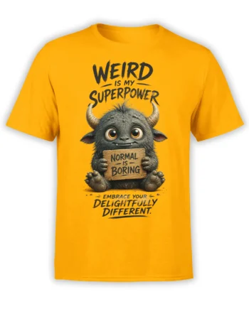 Cute furry horned monster graphic on a yellow T-shirt with “Weird Is My Superpower” text