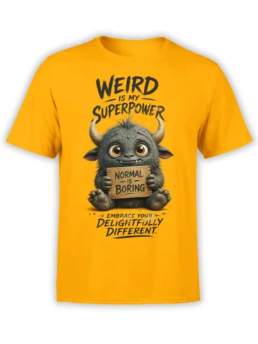 Cute furry horned monster graphic on a yellow T-shirt with “Weird Is My Superpower” text