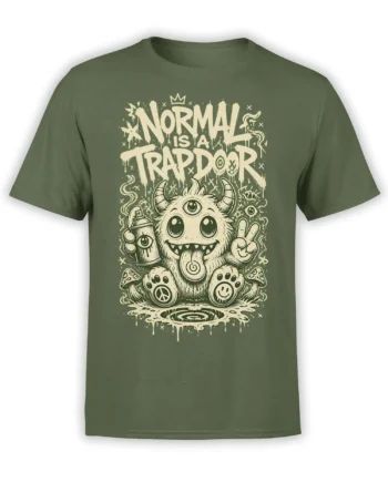 Olive green T-shirt with a crowned three-eyed horned monster, mushrooms, peace signs, and bold cream lettering