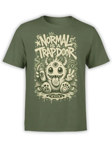 Olive green T-shirt with a crowned three-eyed horned monster, mushrooms, peace signs, and bold cream lettering