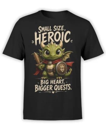 Small green dragon warrior with sword and shield on a black graphic T-shirt