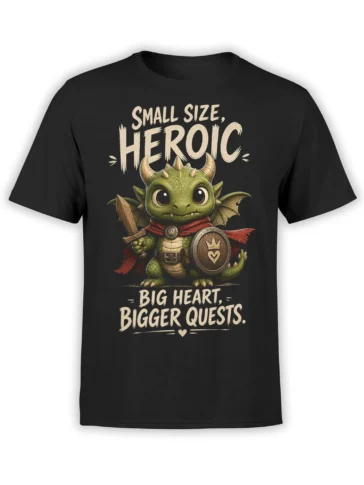Small green dragon warrior with sword and shield on a black graphic T-shirt