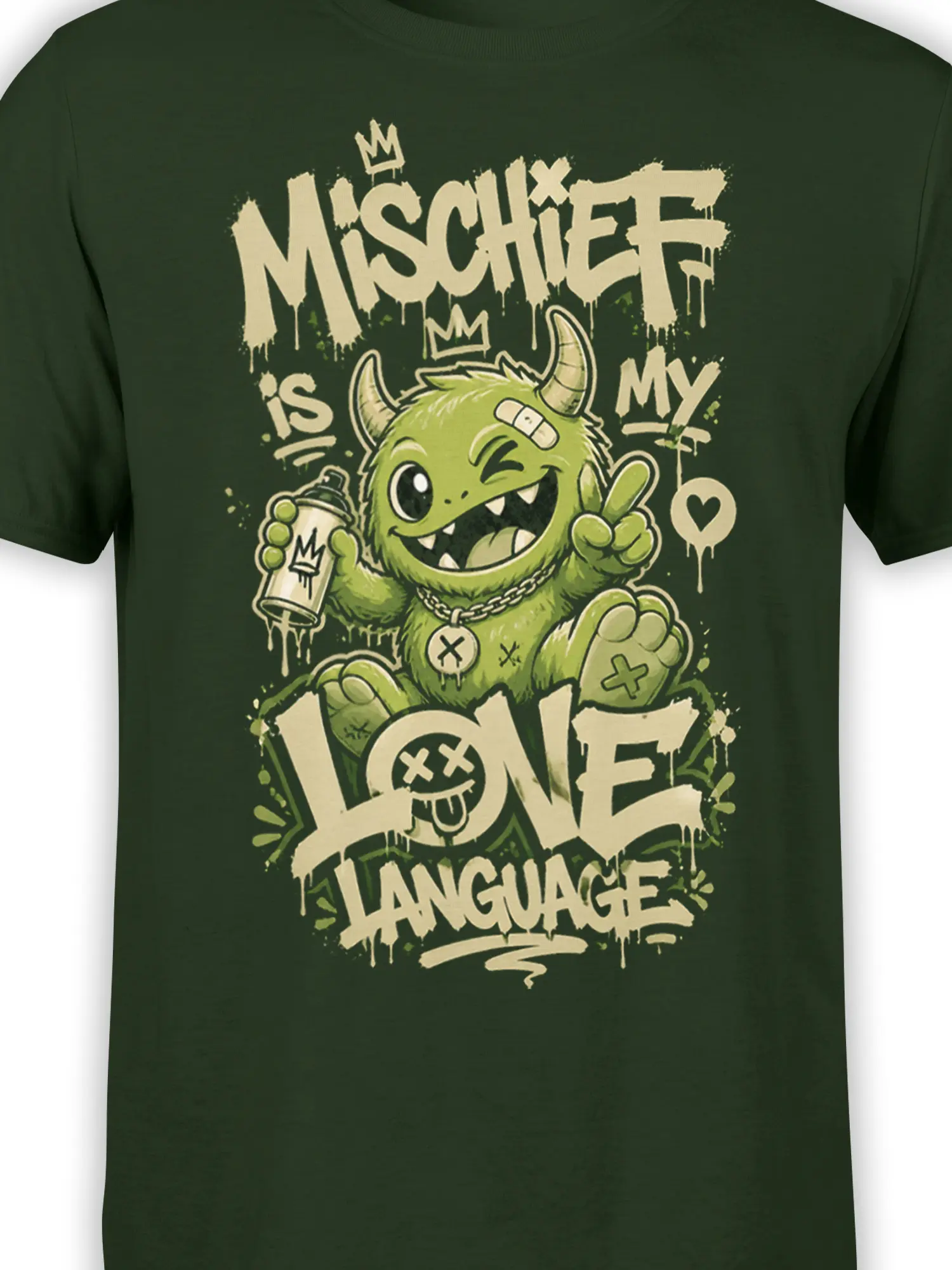 Close-up of crowned horned creature, cream lettering, spray can, and playful slogan on dark green fabric