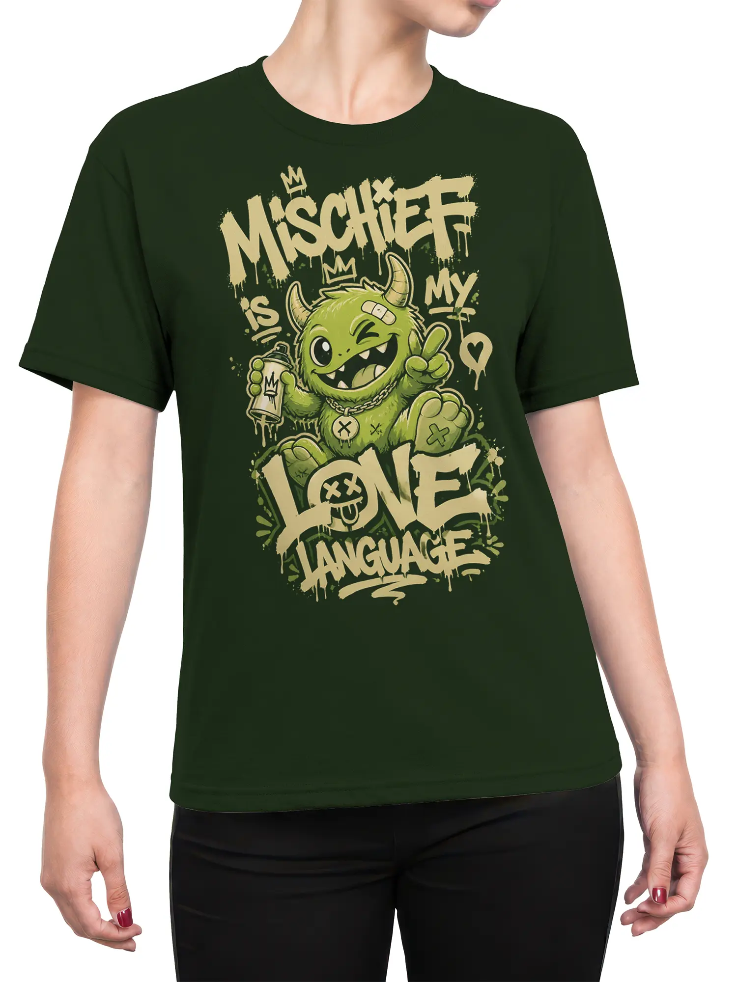Female torso wearing dark green monster T-shirt with crowned creature and “Mischief Is My Love Language” design