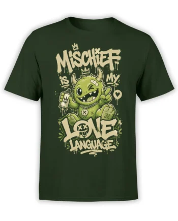 Crowned green horned creature with spray can and mischief slogan on a dark green T-shirt