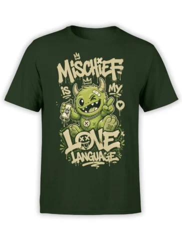 Crowned green horned creature with spray can and mischief slogan on a dark green T-shirt