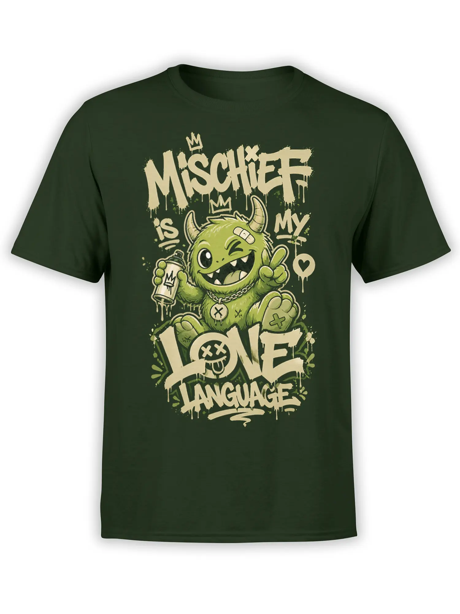 Crowned green horned creature with spray can and mischief slogan on a dark green T-shirt