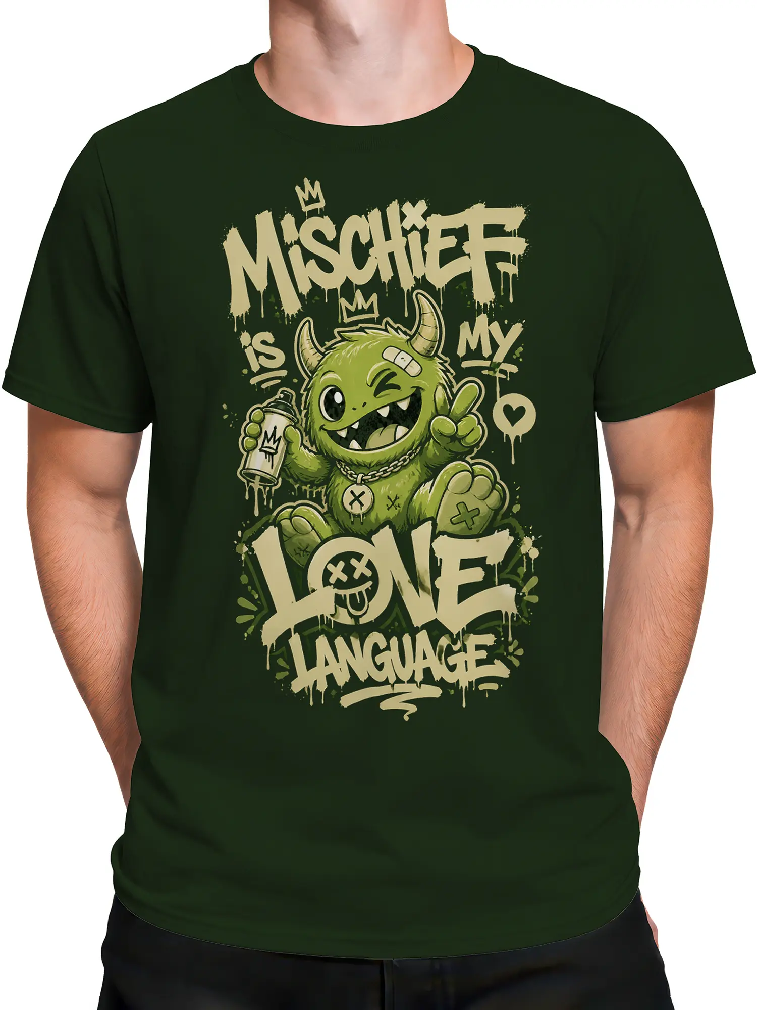 Male torso wearing dark green monster T-shirt with horned creature and mischievous love language slogan