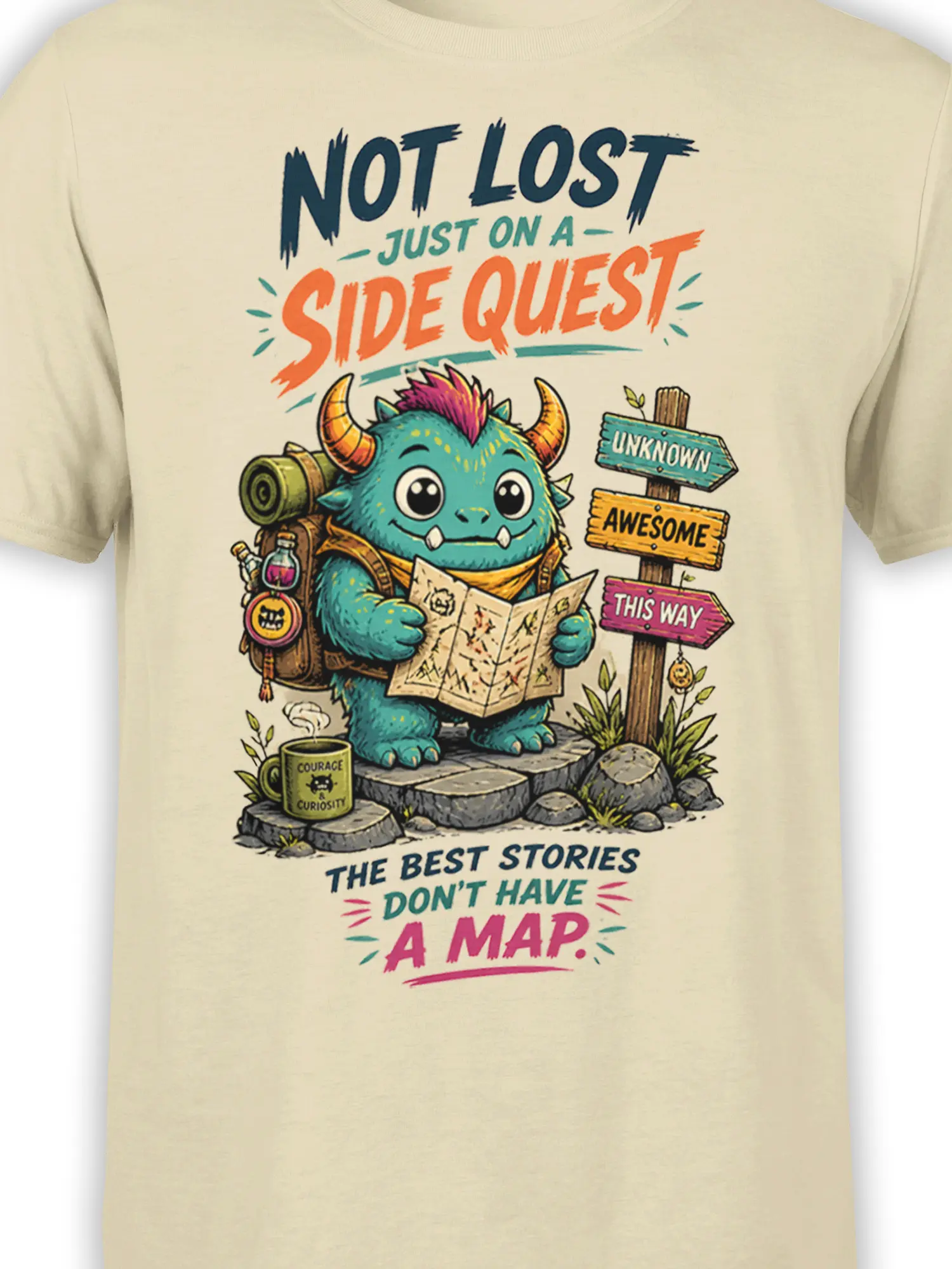 Close-up of colorful horned fantasy creature holding a map on a beige side quest T-shirt