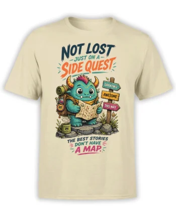 Beige T-shirt with a colorful horned fantasy creature, map, backpack, signpost, and side quest lettering