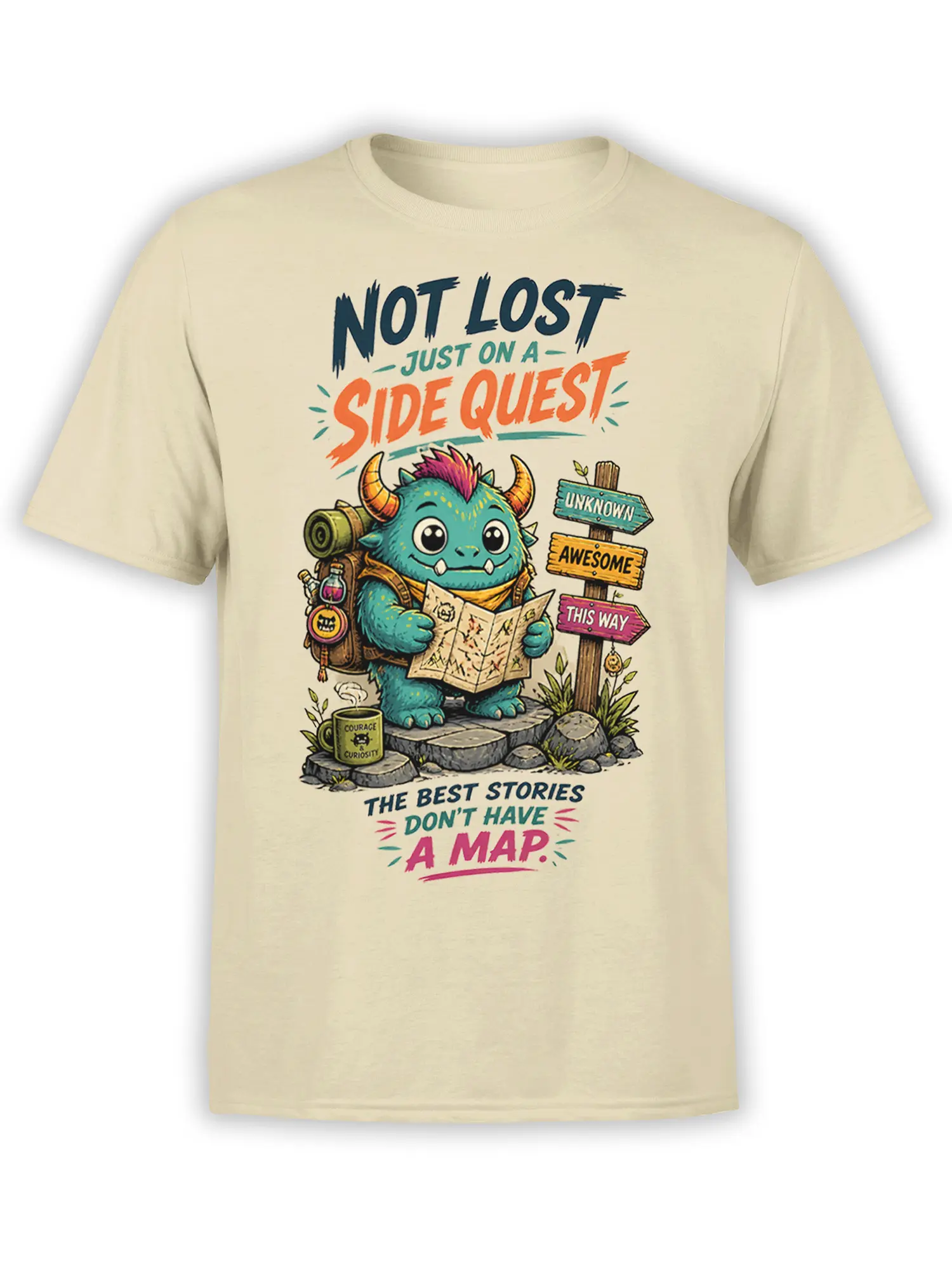 Beige T-shirt with a colorful horned fantasy creature, map, backpack, signpost, and side quest lettering