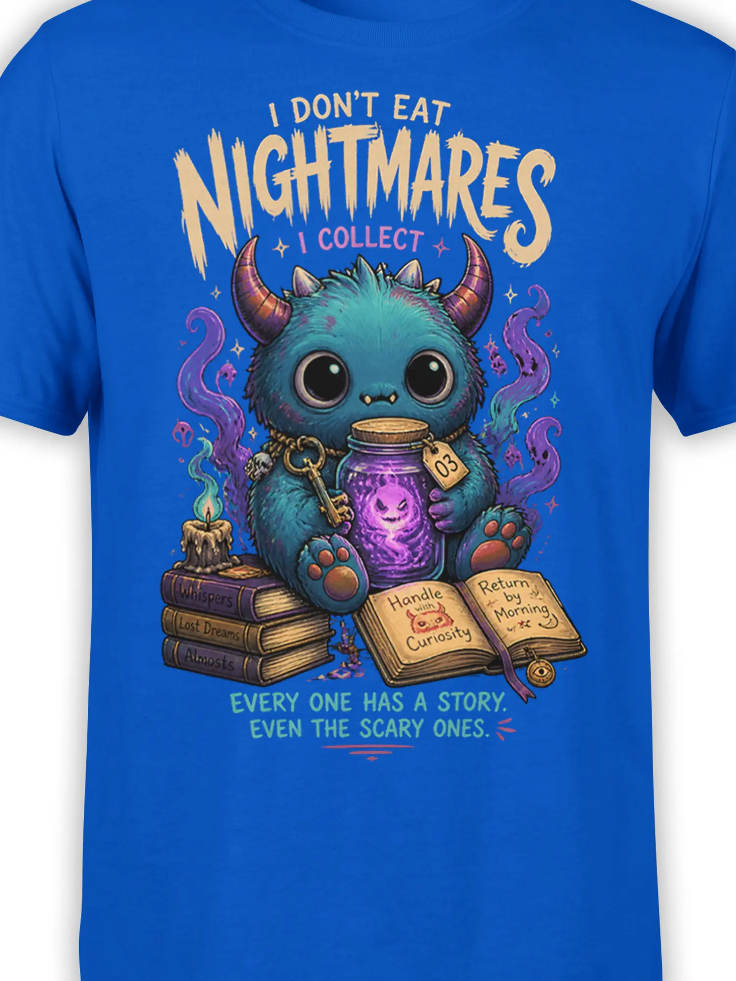 Close-up of horned nightmare collector creature with purple potion, keys, books, and colorful fantasy details