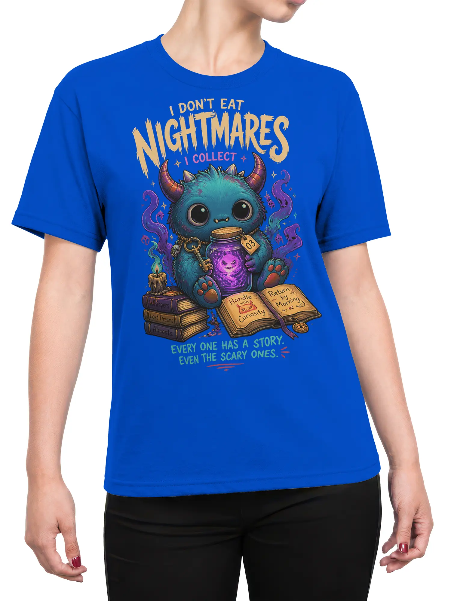 Female torso wearing a blue fantasy T-shirt with a horned nightmare collector and glowing purple potion design