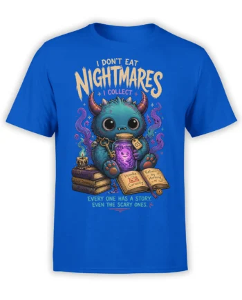 Blue fantasy T-shirt with a horned creature, glowing purple potion, spooky books, and nightmare collector text