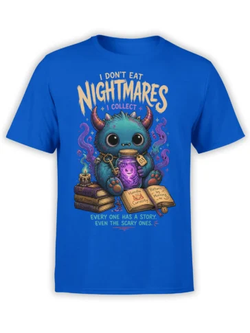 Blue fantasy T-shirt with a horned creature, glowing purple potion, spooky books, and nightmare collector text