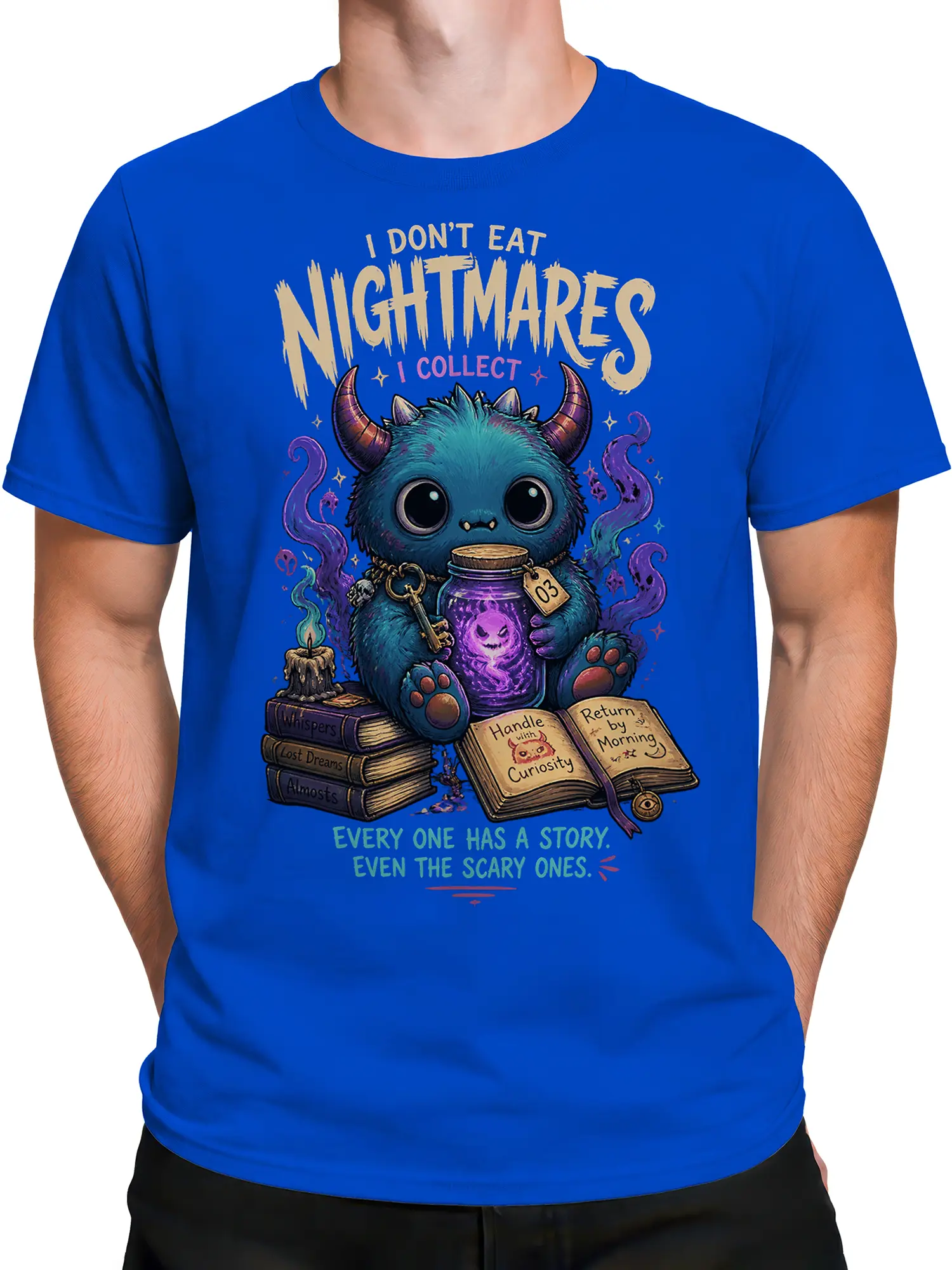 Male torso wearing a blue fantasy T-shirt with a horned creature collecting nightmares beside old books
