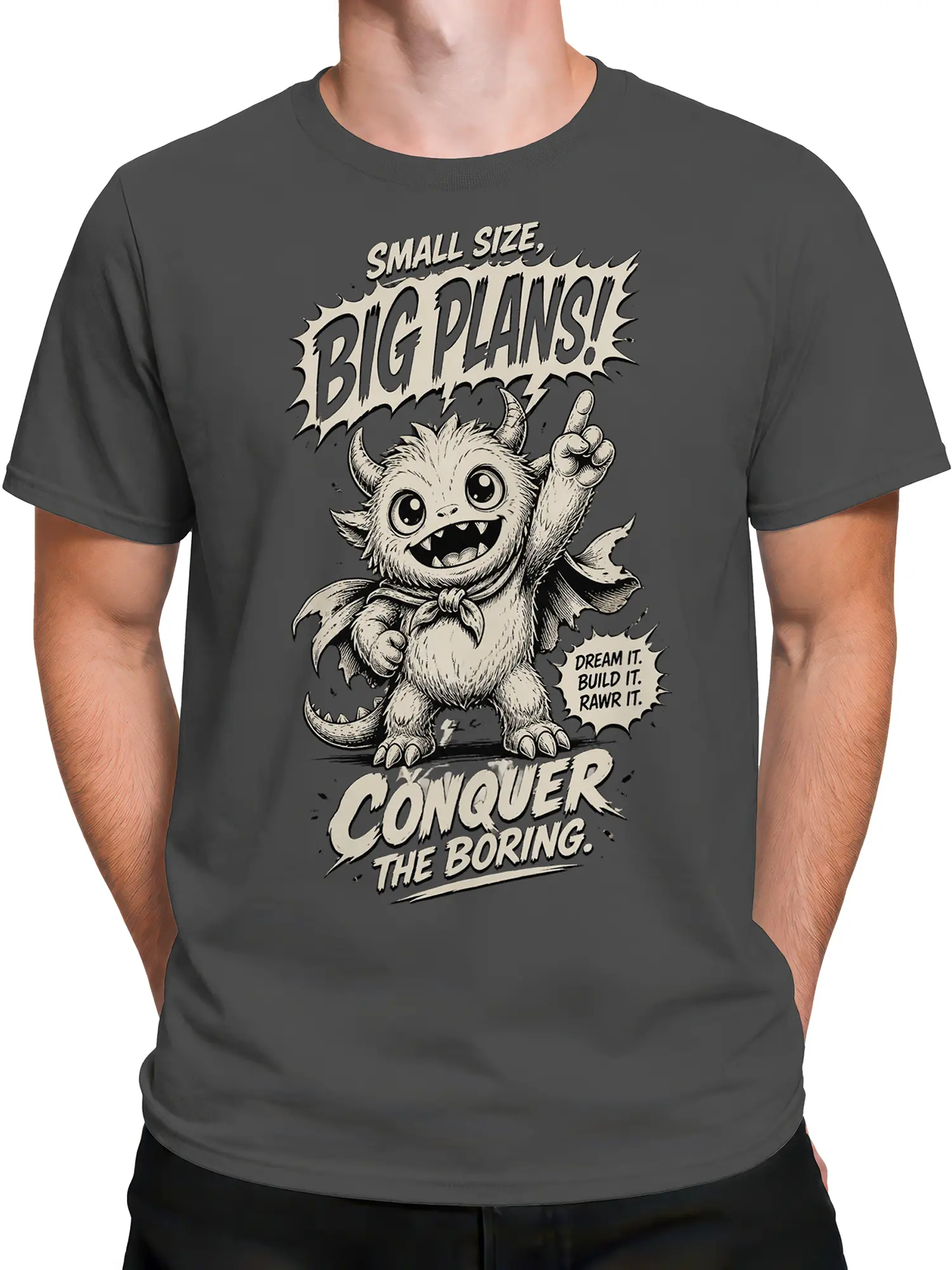 Male torso wearing gray T-shirt with winged monster and bold big plans graphic