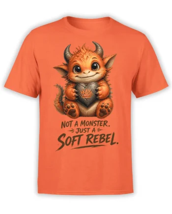 Orange T-shirt with a cute horned monster holding a heart and the words “Not a Monster. Just a Soft Rebel.”