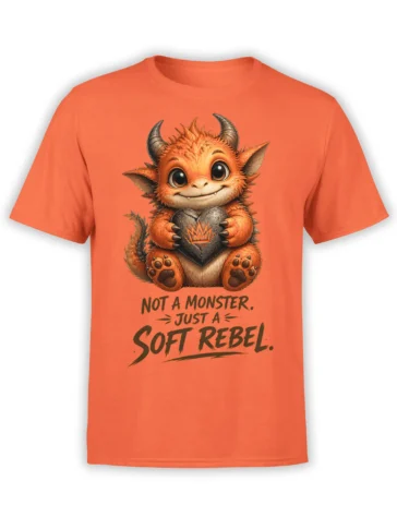 Orange T-shirt with a cute horned monster holding a heart and the words “Not a Monster. Just a Soft Rebel.”