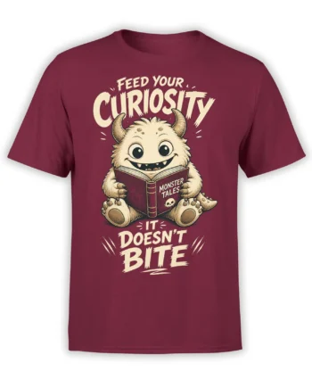 Whimsical horned monster reading a book on a burgundy T-shirt with “Feed Your Curiosity” lettering