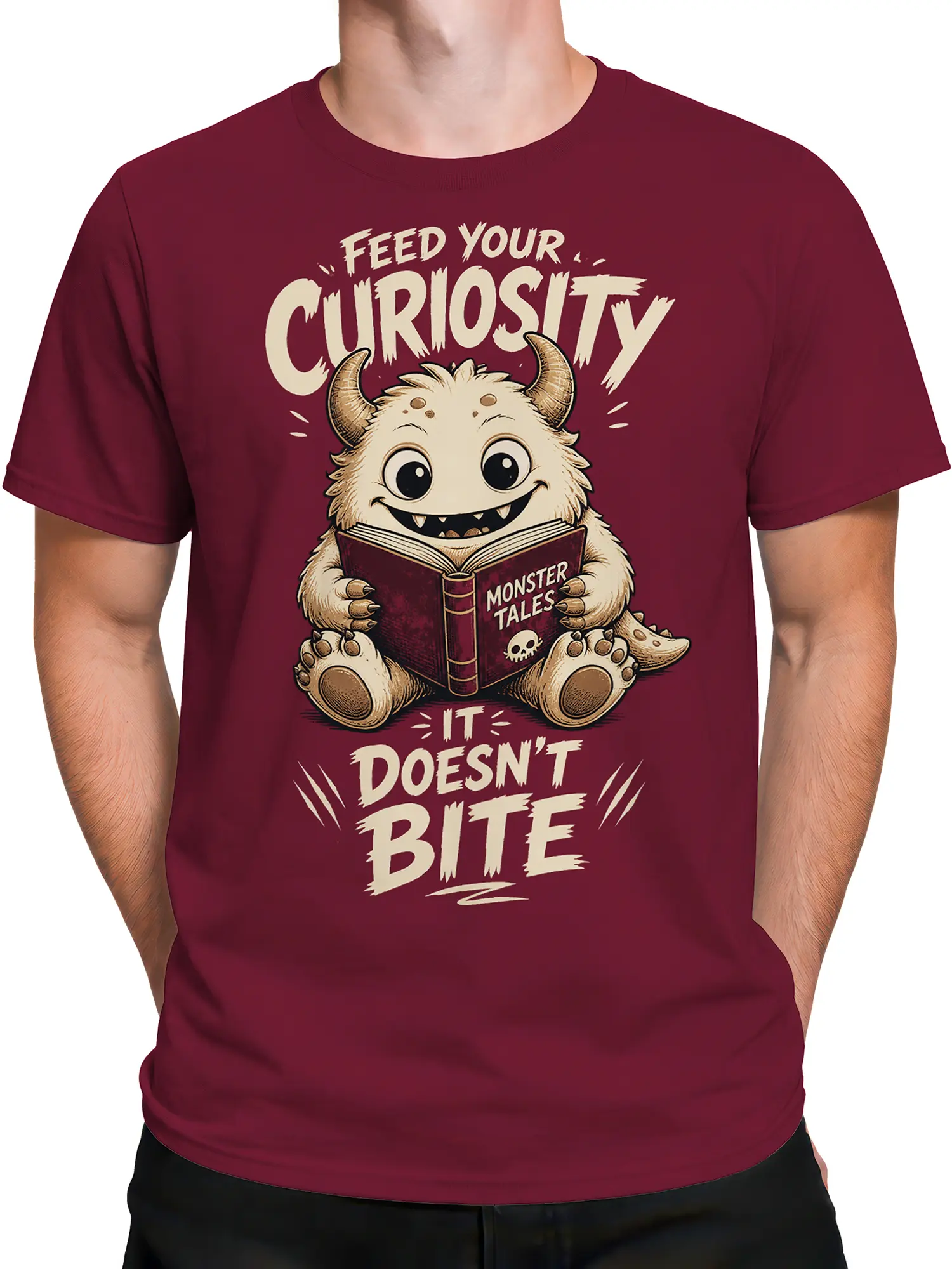 Male torso wearing a burgundy T-shirt with a horned reading monster and vintage cream lettering