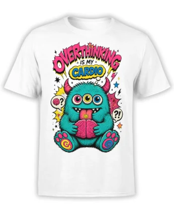White T-shirt with colorful three-eyed horned creature and “Overthinking Is My Cardio” design