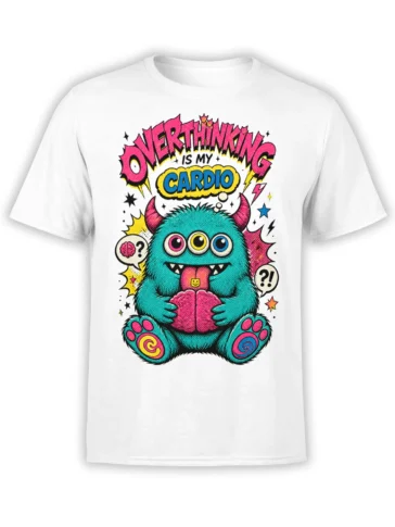 White T-shirt with colorful three-eyed horned creature and “Overthinking Is My Cardio” design
