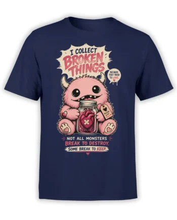 Pink horned monster holding a jar with a broken heart on a navy monster T-shirt