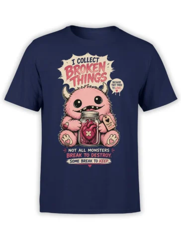 Pink horned monster holding a jar with a broken heart on a navy monster T-shirt