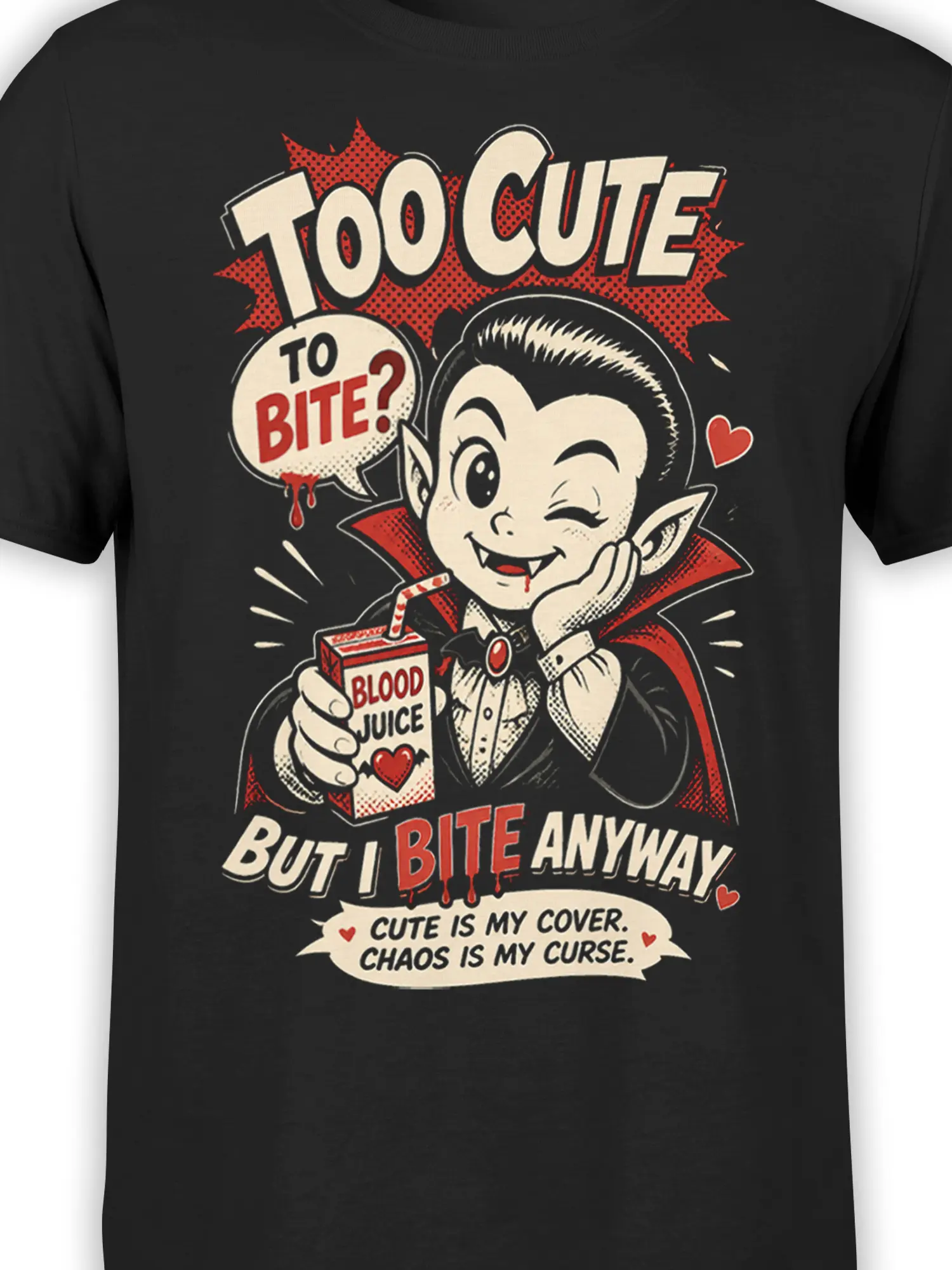 Close-up of cute fanged vampire artwork and blood juice carton on black cotton shirt