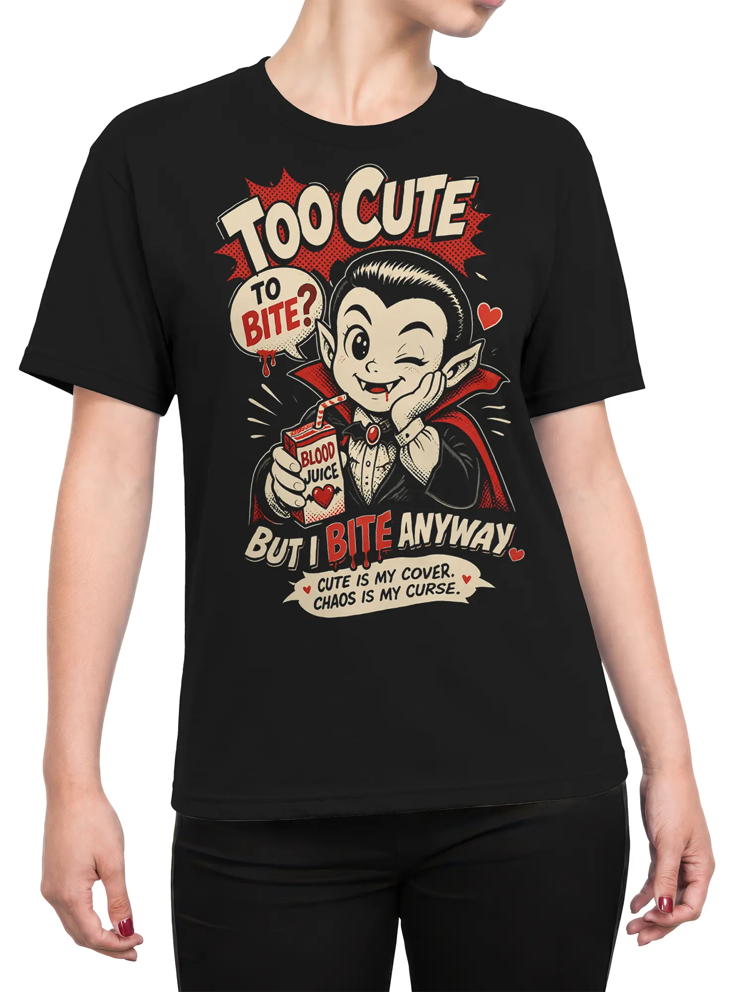 Female torso wearing black T-shirt with cute vampire, fangs, and blood juice graphic
