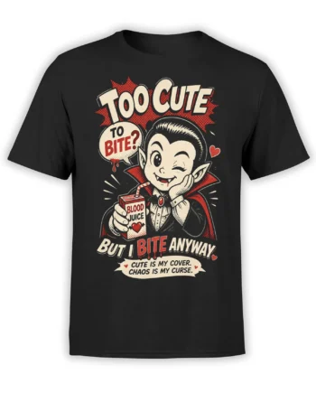 Cute winking vampire with fangs and blood juice carton on a black graphic T-shirt
